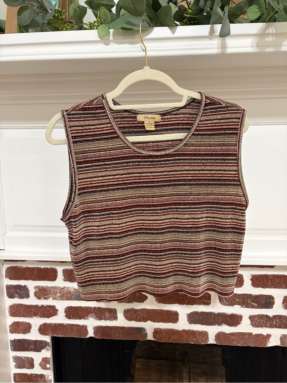 VTG 90s Plissé Earth Tone Textured Striped Knit Tank L